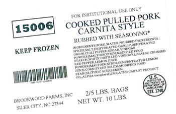 Brookwood Farms, Inc. Recalls Pulled Pork Products Due To Misbranding And An Undeclared Allergen (Soy)